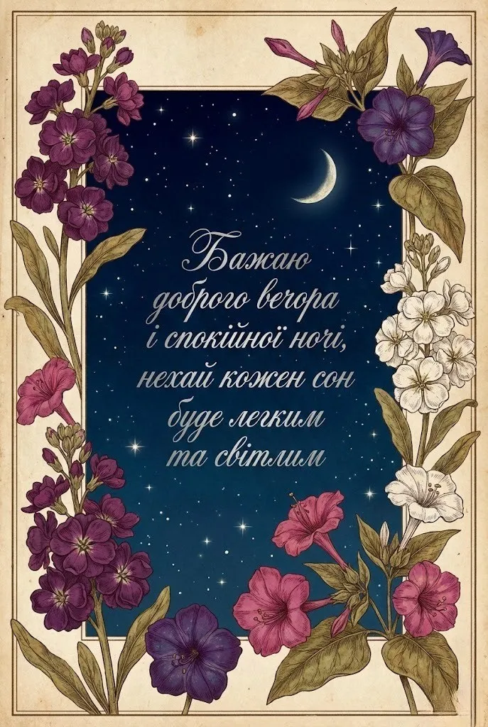 Побажання доброго вечора і спокійної ночі: душевні картинки та нові листівки для близьких